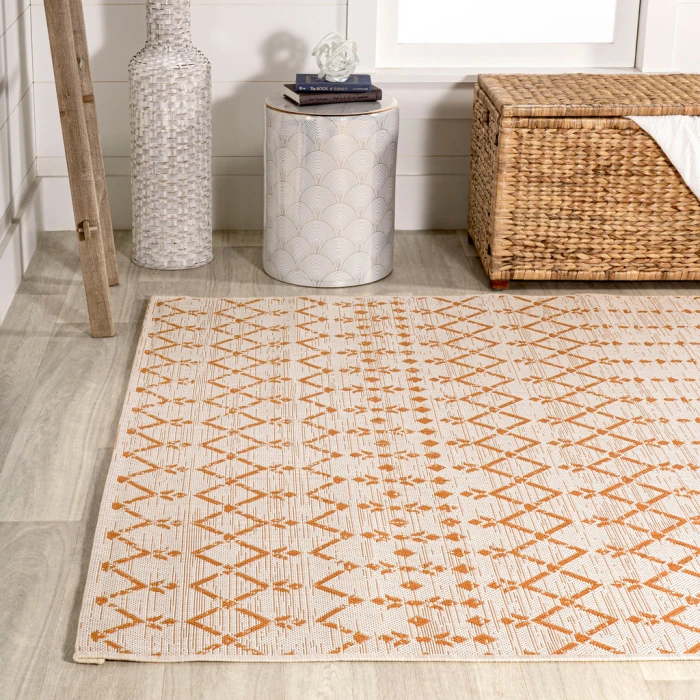 Ourika Moroccan Geometric Textured Weave Cream/Orange 9 ft. x 12 ft. Indoor/Outdoor Area Rug