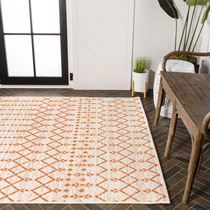 Ourika Moroccan Geometric Textured Weave Cream/Orange 9 ft. x 12 ft. Indoor/Outdoor Area Rug