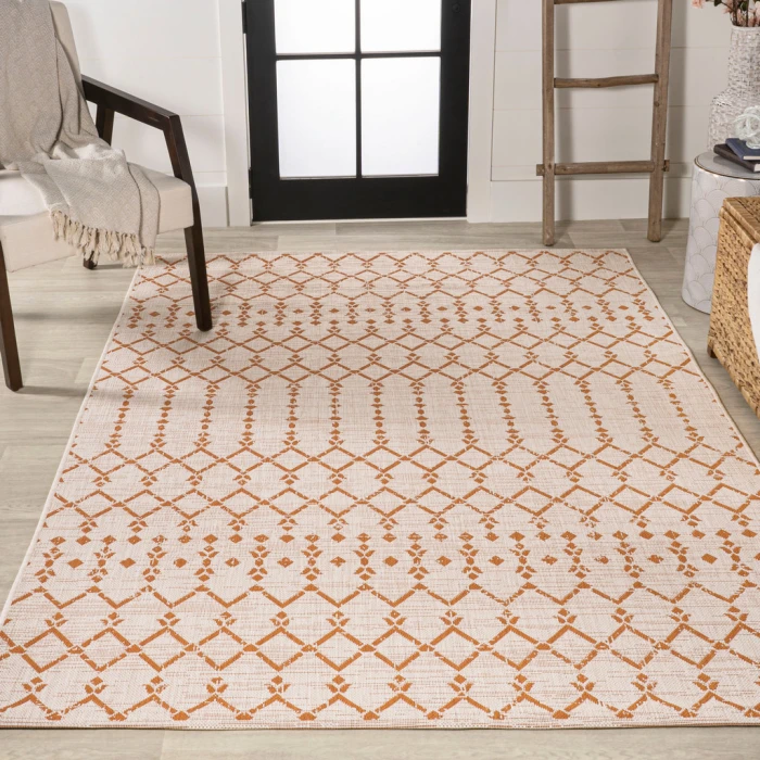 Ourika Moroccan Geometric Textured Weave Cream/Orange 9 ft. x 12 ft. Indoor/Outdoor Area Rug