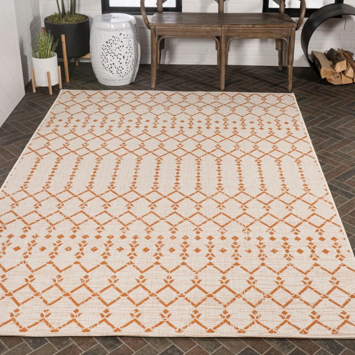 Ourika Moroccan Geometric Textured Weave Cream/Orange 9 ft. x 12 ft. Indoor/Outdoor Area Rug