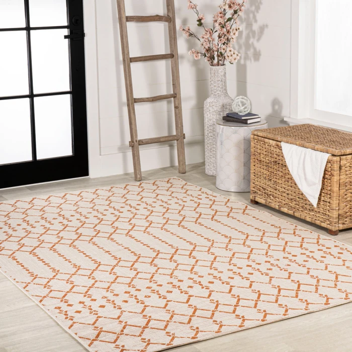Ourika Moroccan Geometric Textured Weave Cream/Orange 9 ft. x 12 ft. Indoor/Outdoor Area Rug