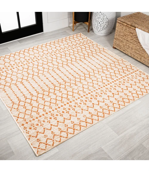 Ourika Moroccan Geometric Textured Weave Cream/Orange 5' Square Indoor/Outdoor Area Rug