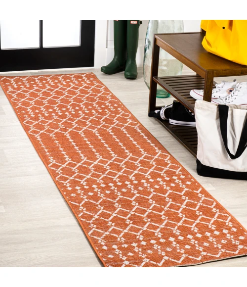 Ourika Moroccan Geometric Textured Weave Orange/Cream 2 ft. x 8 ft. Indoor/Outdoor Runner Rug
