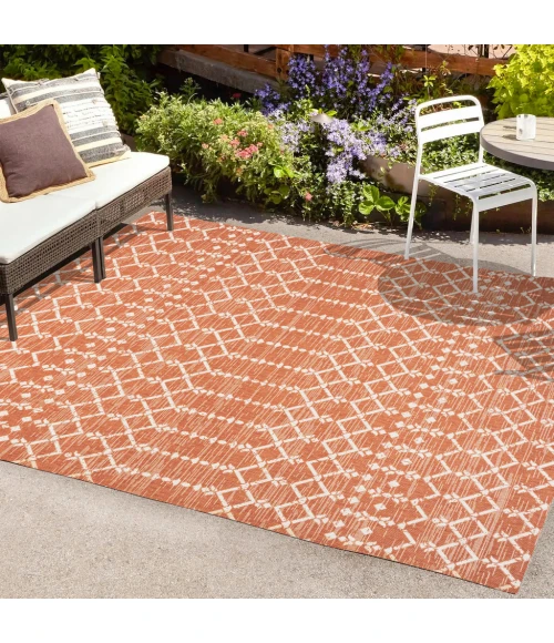Ourika Moroccan Geometric Textured Weave Orange/Cream 5' Square Indoor/Outdoor Area Rug