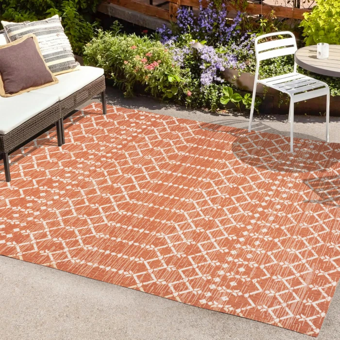 Ourika Moroccan Geometric Textured Weave Orange/Cream 8 ft. x 10 ft. Indoor/Outdoor Area Rug
