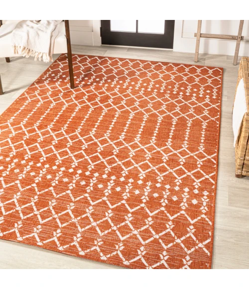 Ourika Moroccan Geometric Textured Weave Orange/Cream 5' Square Indoor/Outdoor Area Rug