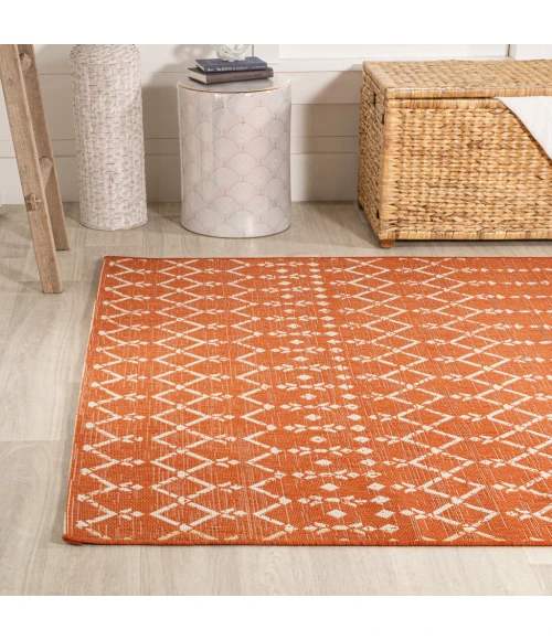 Ourika Moroccan Geometric Textured Weave Orange/Cream 5' Square Indoor/Outdoor Area Rug