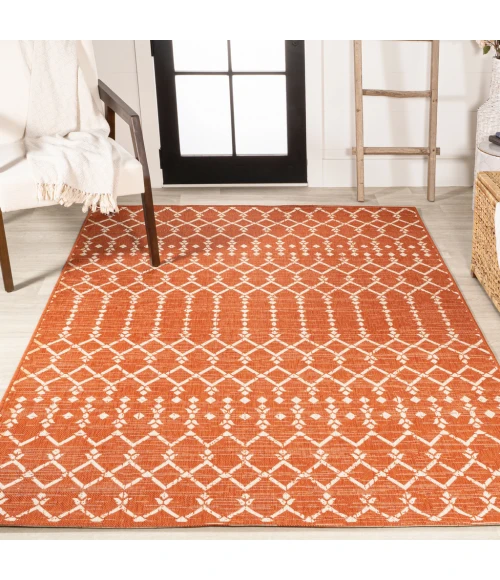 Ourika Moroccan Geometric Textured Weave Orange/Cream 5' Square Indoor/Outdoor Area Rug