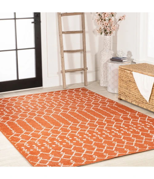 Ourika Moroccan Geometric Textured Weave Orange/Cream 5' Square Indoor/Outdoor Area Rug