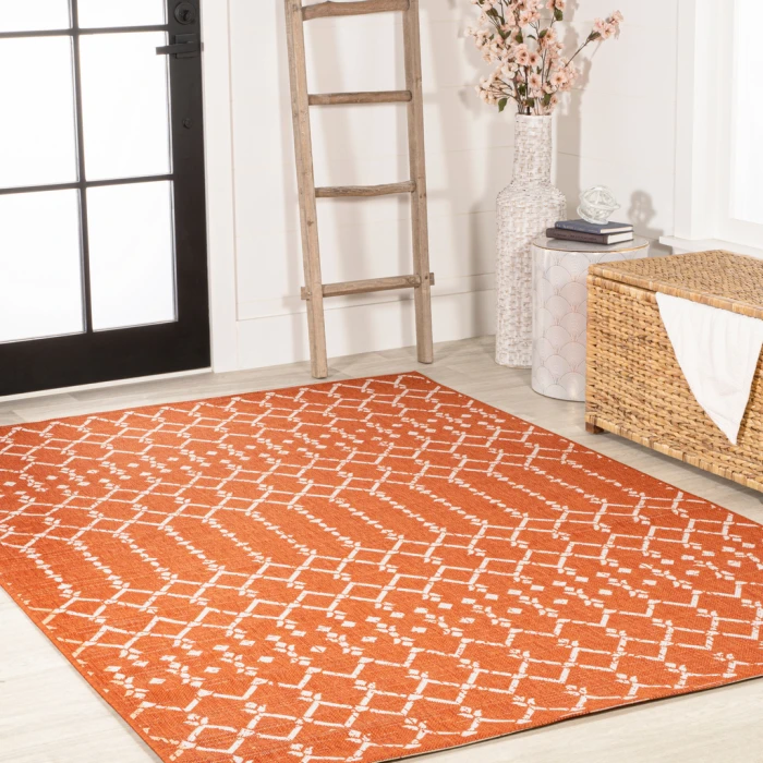 Ourika Moroccan Geometric Textured Weave Orange/Cream 8 ft. x 10 ft. Indoor/Outdoor Area Rug