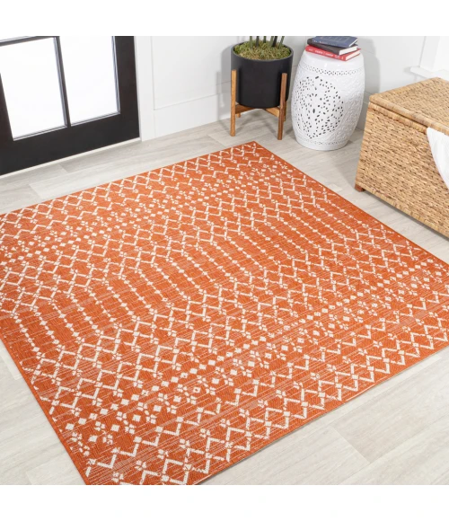 Ourika Moroccan Geometric Textured Weave Orange/Cream 5' Square Indoor/Outdoor Area Rug