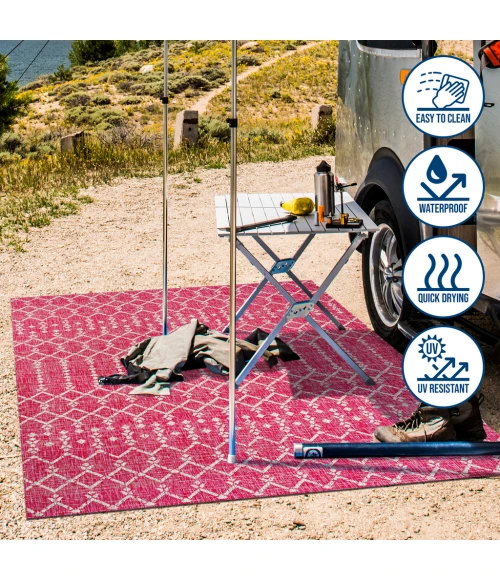 Ourika Moroccan Geometric Textured Weave Fuchsia/Light Gray 5' Square Indoor/Outdoor Area Rug