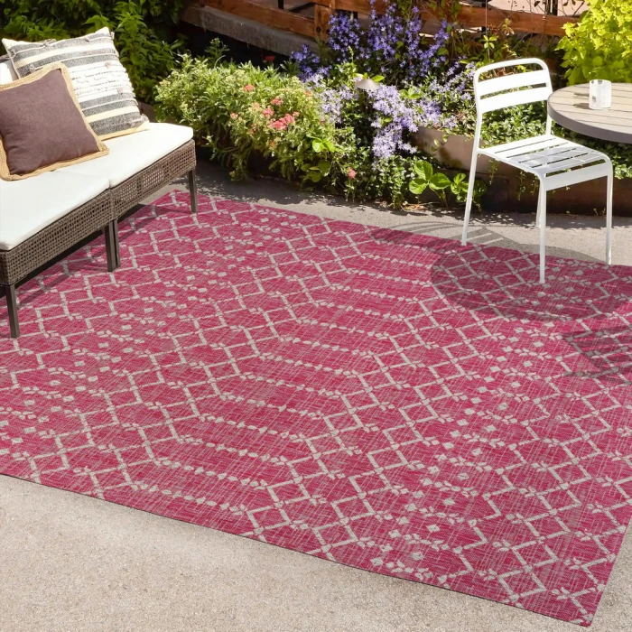 Ourika Moroccan Geometric Textured Weave Fuchsia/Light Gray 5 ft. x 8 ft. Indoor/Outdoor Area Rug