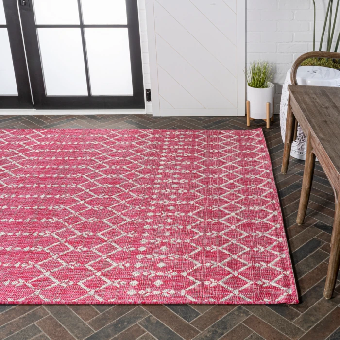 Ourika Moroccan Geometric Textured Weave Fuchsia/Light Gray 5 ft. x 8 ft. Indoor/Outdoor Area Rug