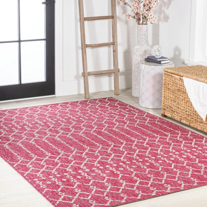Ourika Moroccan Geometric Textured Weave Fuchsia/Light Gray 5 ft. x 8 ft. Indoor/Outdoor Area Rug