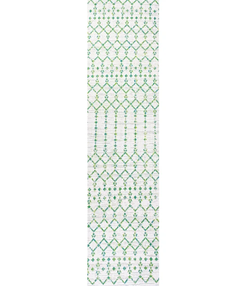 Ourika Moroccan Geometric Textured Weave Green/Ivory 2 ft. x 10 ft. Indoor/Outdoor Runner Rug
