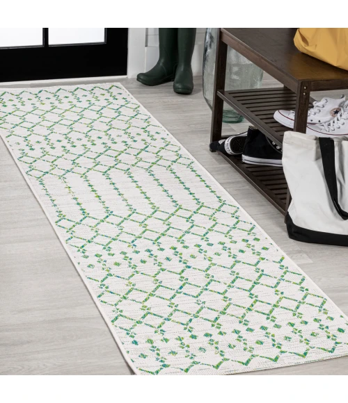 Ourika Moroccan Geometric Textured Weave Green/Ivory 2 ft. x 10 ft. Indoor/Outdoor Runner Rug