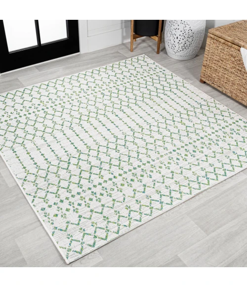 Ourika Moroccan Geometric Textured Weave Green/Ivory 5' Square Indoor/Outdoor Area Rug