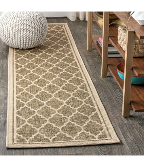 Trebol Moroccan Trellis Textured Weave Brown/Beige 2 ft. x 10 ft. Indoor/Outdoor Runner Rug