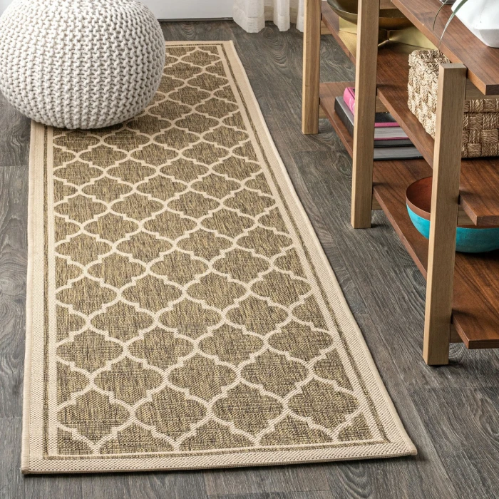 Trebol Moroccan Trellis Textured Weave Brown/Beige 2 ft. x 10 ft. Indoor/Outdoor Runner Rug