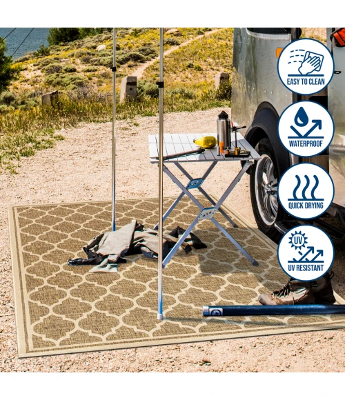 Trebol Moroccan Trellis Textured Weave Brown/Beige 5' Square Indoor/Outdoor Area Rug