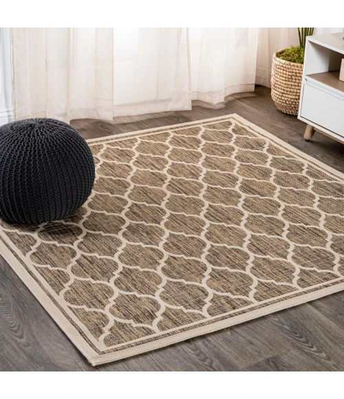 Trebol Moroccan Trellis Textured Weave Brown/Beige 5' Square Indoor/Outdoor Area Rug
