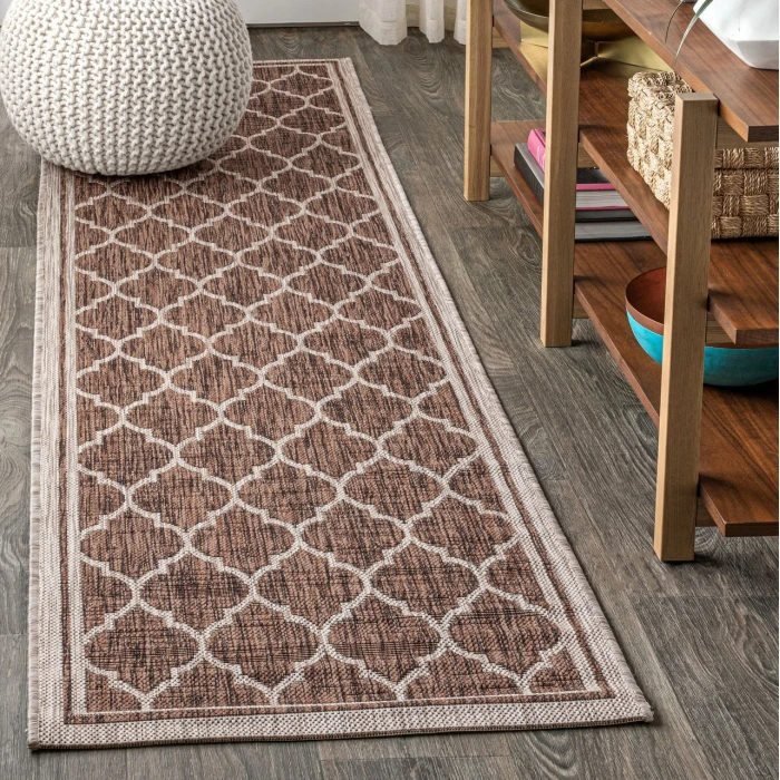 Trebol Moroccan Trellis Textured Weave Espresso/Taupe 2 ft. x 10 ft. Indoor/Outdoor Runner Rug
