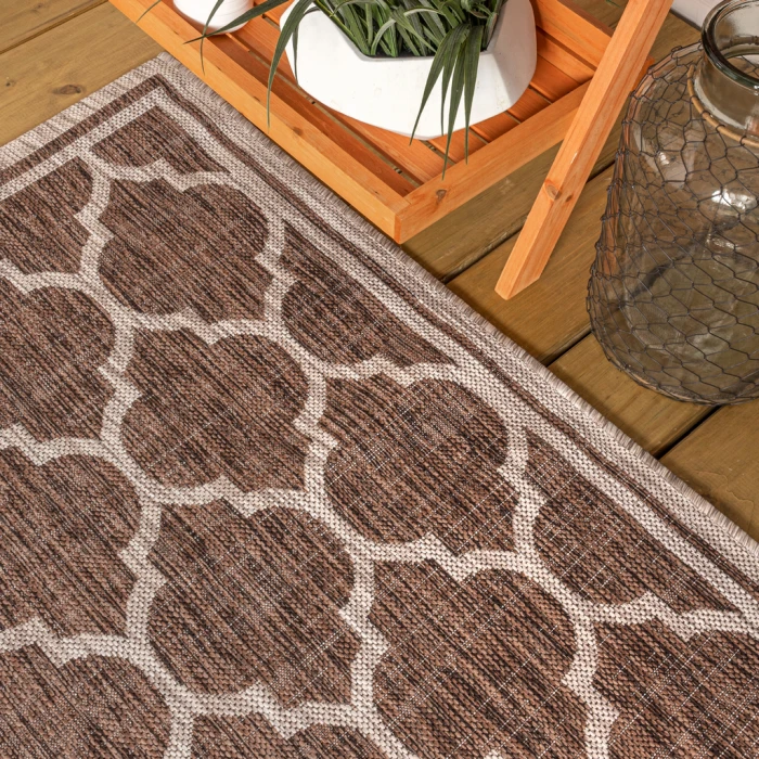 Trebol Moroccan Trellis Textured Weave Espresso/Taupe 2 ft. x 10 ft. Indoor/Outdoor Runner Rug
