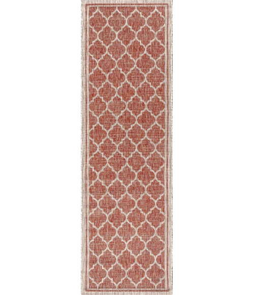 Trebol Moroccan Trellis Textured Weave Red/Beige 2 ft. x 8 ft. Indoor/Outdoor Runner Rug