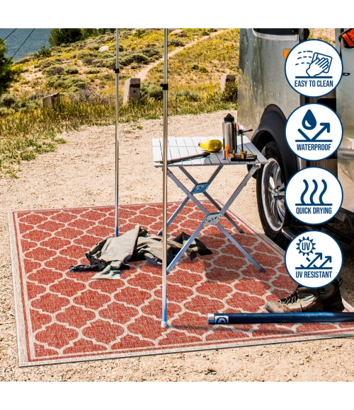 Trebol Moroccan Trellis Textured Weave Red/Beige 2 ft. x 8 ft. Indoor/Outdoor Runner Rug