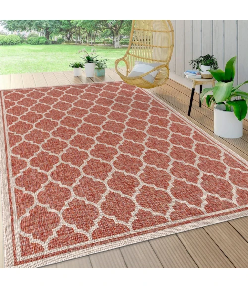 Trebol Moroccan Trellis Textured Weave Red/Beige 9 ft. x 12 ft. Indoor/Outdoor Area Rug