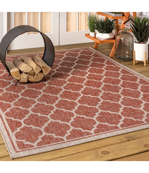 Trebol Moroccan Trellis Textured Weave Red/Beige 9 ft. x 12 ft. Indoor/Outdoor Area Rug