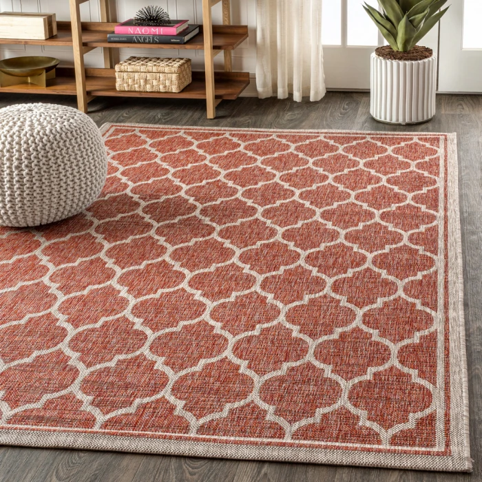 Trebol Moroccan Trellis Textured Weave Red/Beige 5 ft. x 8 ft. Indoor/Outdoor Area Rug