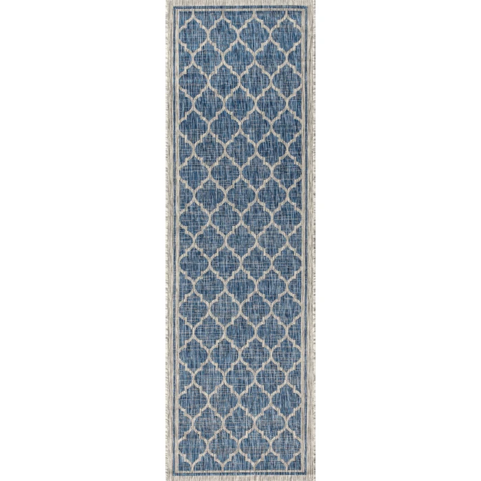 Trebol Moroccan Trellis Textured Weave Navy/Gray 2 ft. x 10 ft. Indoor/Outdoor Runner Rug