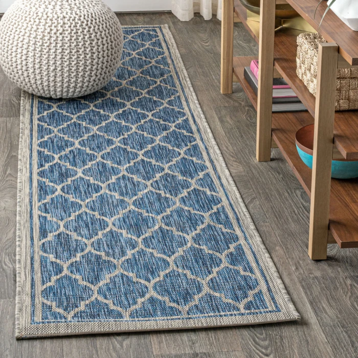 Trebol Moroccan Trellis Textured Weave Navy/Gray 2 ft. x 10 ft. Indoor/Outdoor Runner Rug
