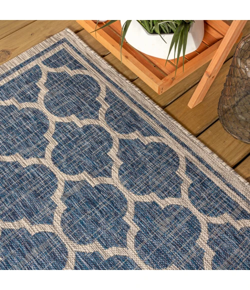 Trebol Moroccan Trellis Textured Weave Navy/Gray 2 ft. x 8 ft. Indoor/Outdoor Runner Rug