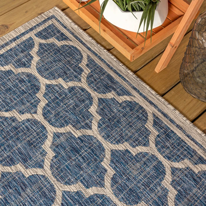 Trebol Moroccan Trellis Textured Weave Navy/Gray 2 ft. x 10 ft. Indoor/Outdoor Runner Rug