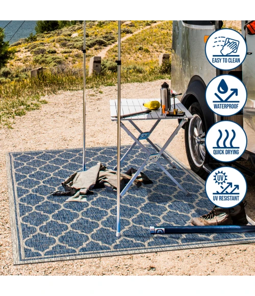 Trebol Moroccan Trellis Textured Weave Navy/Gray 2 ft. x 8 ft. Indoor/Outdoor Runner Rug