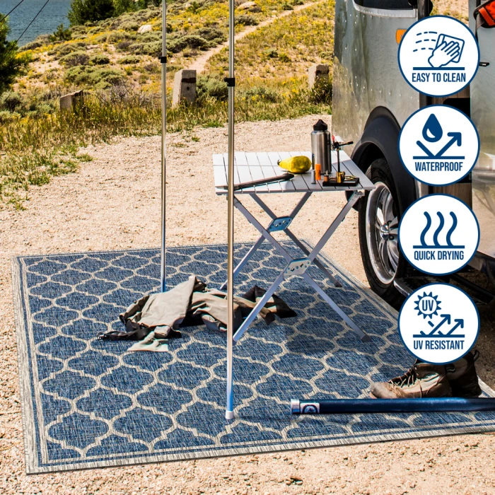 Trebol Moroccan Trellis Textured Weave Navy/Gray 2 ft. x 10 ft. Indoor/Outdoor Runner Rug