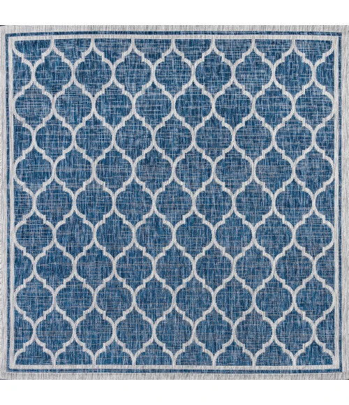 Trebol Moroccan Trellis Textured Weave Navy/Gray 5' Square Indoor/Outdoor Area Rug
