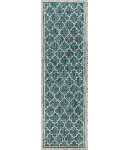 Trebol Moroccan Trellis Textured Weave Teal/Gray 2 ft. x 10 ft. Indoor/Outdoor Runner Rug