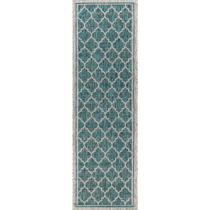 Trebol Moroccan Trellis Textured Weave Teal/Gray 2 ft. x 8 ft. Indoor/Outdoor Runner Rug