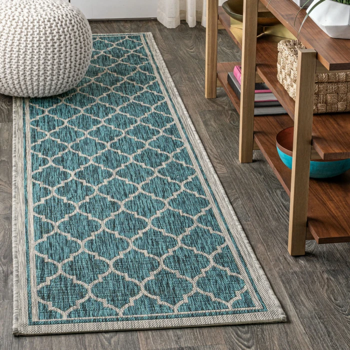 Trebol Moroccan Trellis Textured Weave Teal/Gray 2 ft. x 8 ft. Indoor/Outdoor Runner Rug