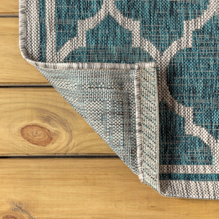 Trebol Moroccan Trellis Textured Weave Teal/Gray 2 ft. x 8 ft. Indoor/Outdoor Runner Rug