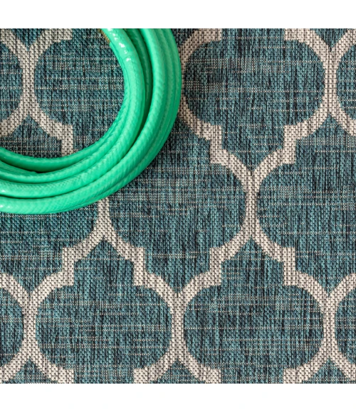 Trebol Moroccan Trellis Textured Weave Teal/Gray 8 ft. x 10 ft. Indoor/Outdoor Area Rug