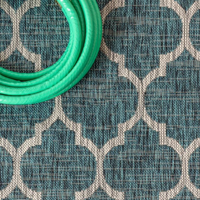 Trebol Moroccan Trellis Textured Weave Teal/Gray 2 ft. x 8 ft. Indoor/Outdoor Runner Rug