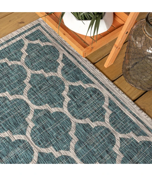 Trebol Moroccan Trellis Textured Weave Teal/Gray 8 ft. x 10 ft. Indoor/Outdoor Area Rug
