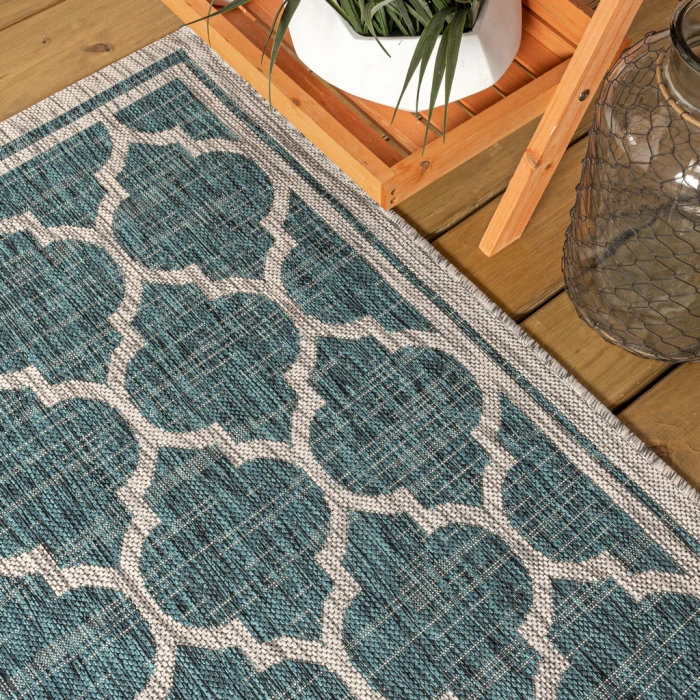 Trebol Moroccan Trellis Textured Weave Teal/Gray 2 ft. x 8 ft. Indoor/Outdoor Runner Rug