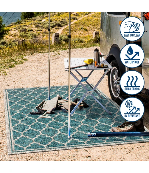 Trebol Moroccan Trellis Textured Weave Teal/Gray 2 ft. x 10 ft. Indoor/Outdoor Runner Rug