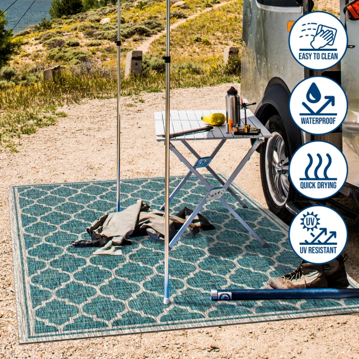 Trebol Moroccan Trellis Textured Weave Teal/Gray 2 ft. x 8 ft. Indoor/Outdoor Runner Rug
